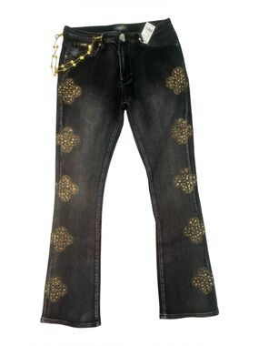 Sz 34 Black Jeans with Gold Studded Clover Motif fashion